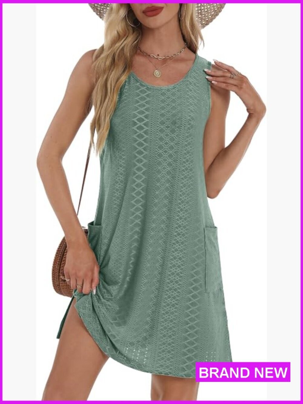 Eyelet Swing Tank Dress with Pockets Summer Casual Loose Fit Sleeveless